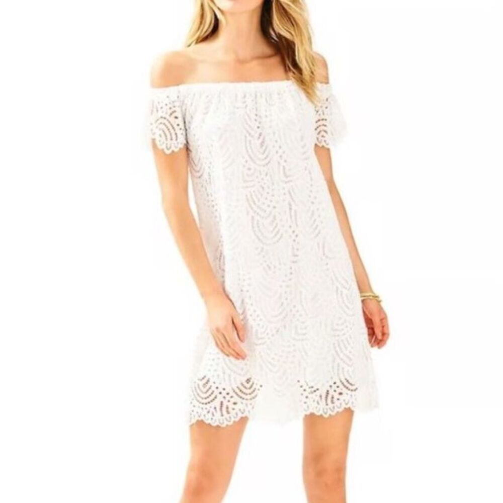 Lilly Pulitzer Women's White Eyelet Lace Off-The-Shoulder Mini Shift Dress Sz S